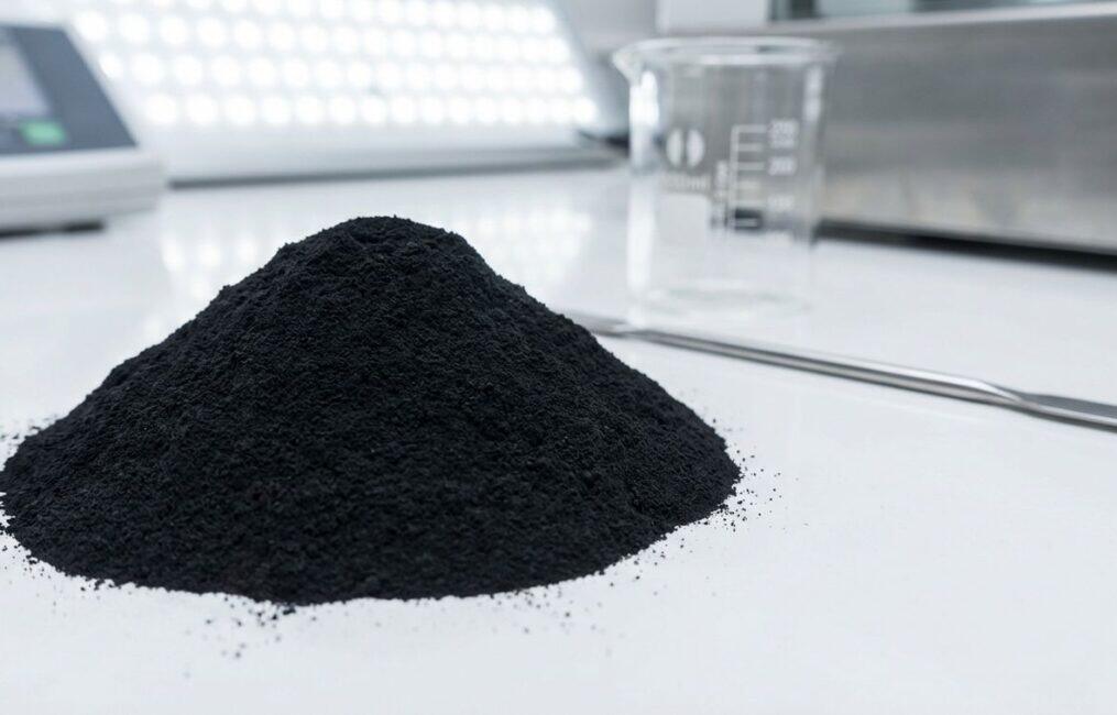 A mound of fine black iron oxide for paint, a high-purity pigment powder, shown in a clean laboratory setting to highlight its industrial quality.
