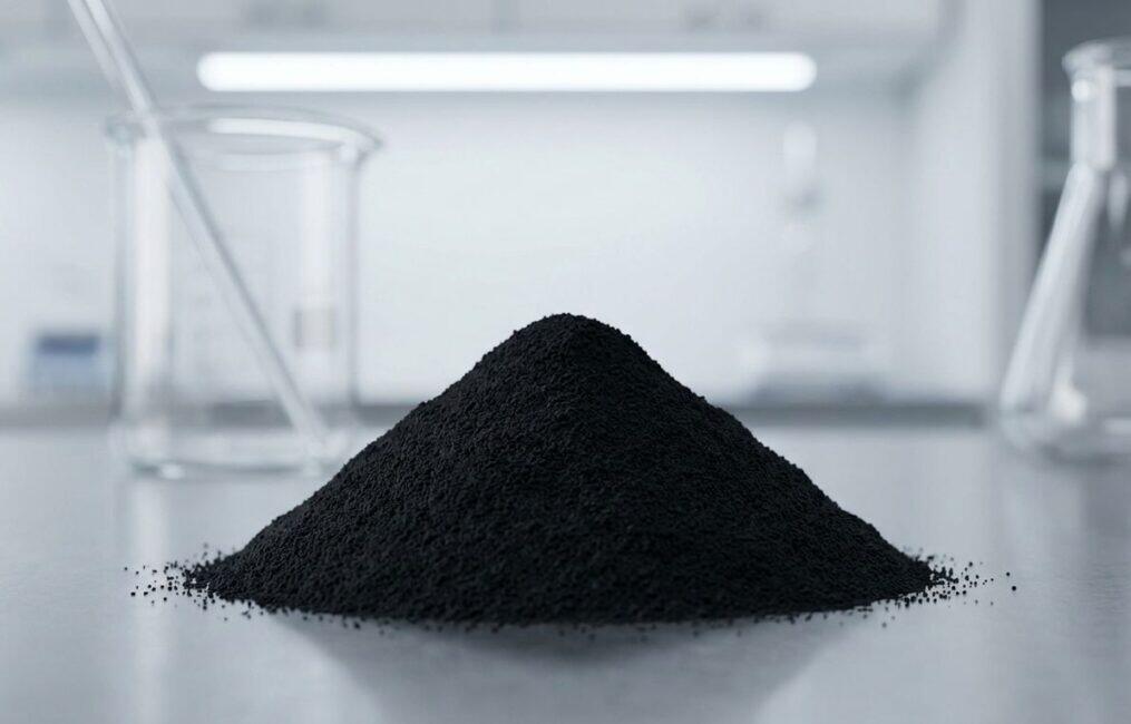 A macro shot of a mound of fine black iron oxide for paint, a deep matte powder, displayed in a clean industrial lab setting with glassware in the background.