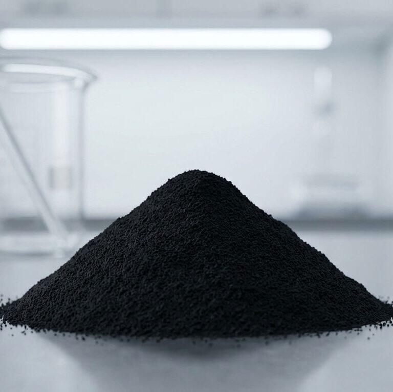 A macro shot of a mound of fine black iron oxide for paint, a deep matte powder, displayed in a clean industrial lab setting with glassware in the background.