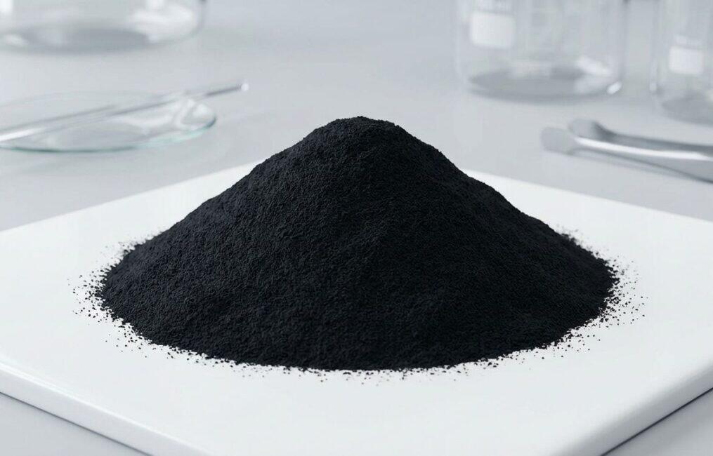 A mound of fine black iron oxide pigment powder in a laboratory, used for coloring plastics and rubber applications.