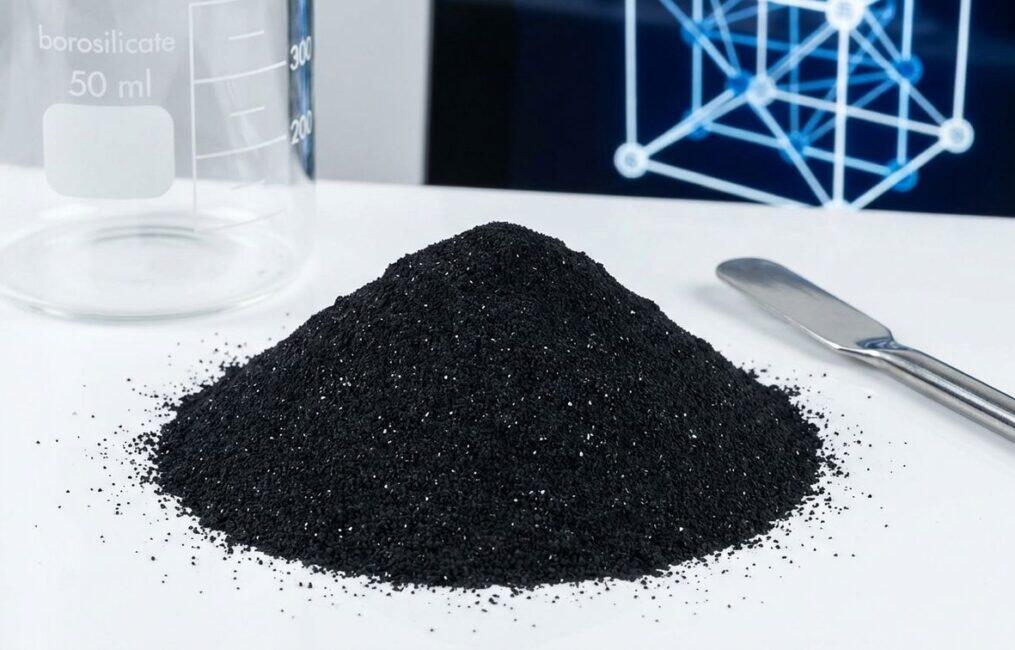 A mound of fine black iron oxide powder in a lab setting, illustrating the topic of the black iron oxide SDS and safety guide.