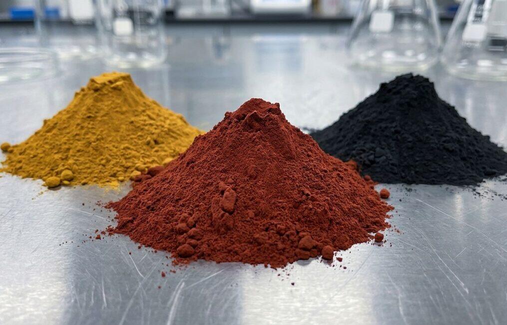 Vibrant mounds of iron oxide red, yellow, and black pigment powder in an industrial lab setting, used for permanent concrete coloring.