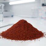 A detailed macro shot of a mound of fine Iron Oxide Red pigment powder in a lab, illustrating the topic of its safety data sheet and handling.