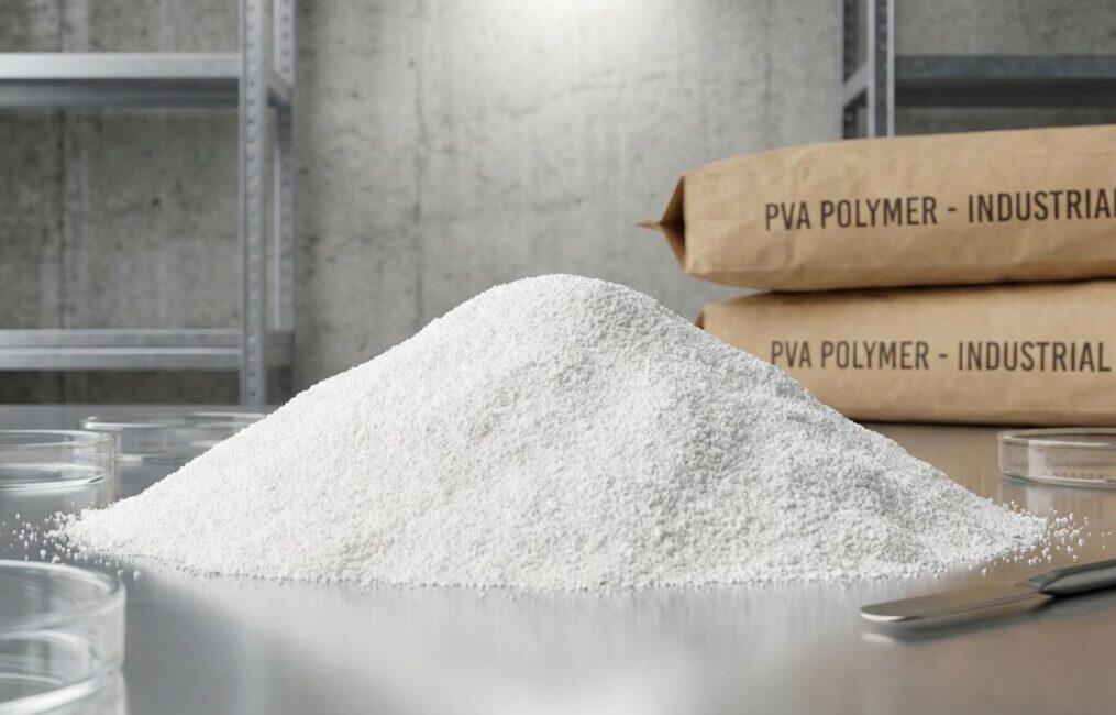 Mound of industrial grade white Polyvinyl Alcohol PVA powder for concrete adhesion and waterproofing applications