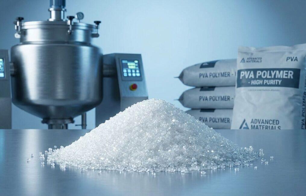 Mound of white Polyvinyl Alcohol PVA granular powder in an industrial laboratory setting for adhesive and coating manufacturing