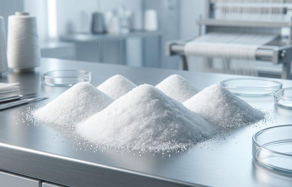 Mounds of industrial grade white Polyvinyl Alcohol PVA powder for textile warp sizing and weaving applications