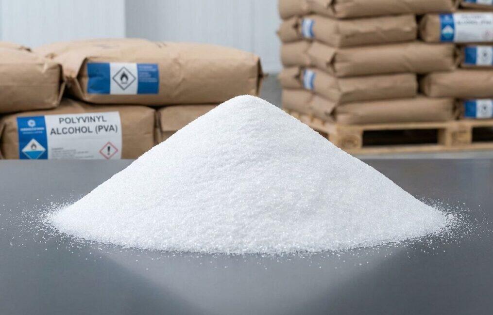 Heap of industrial grade white Polyvinyl Alcohol (PVA) powder for adhesive and construction applications