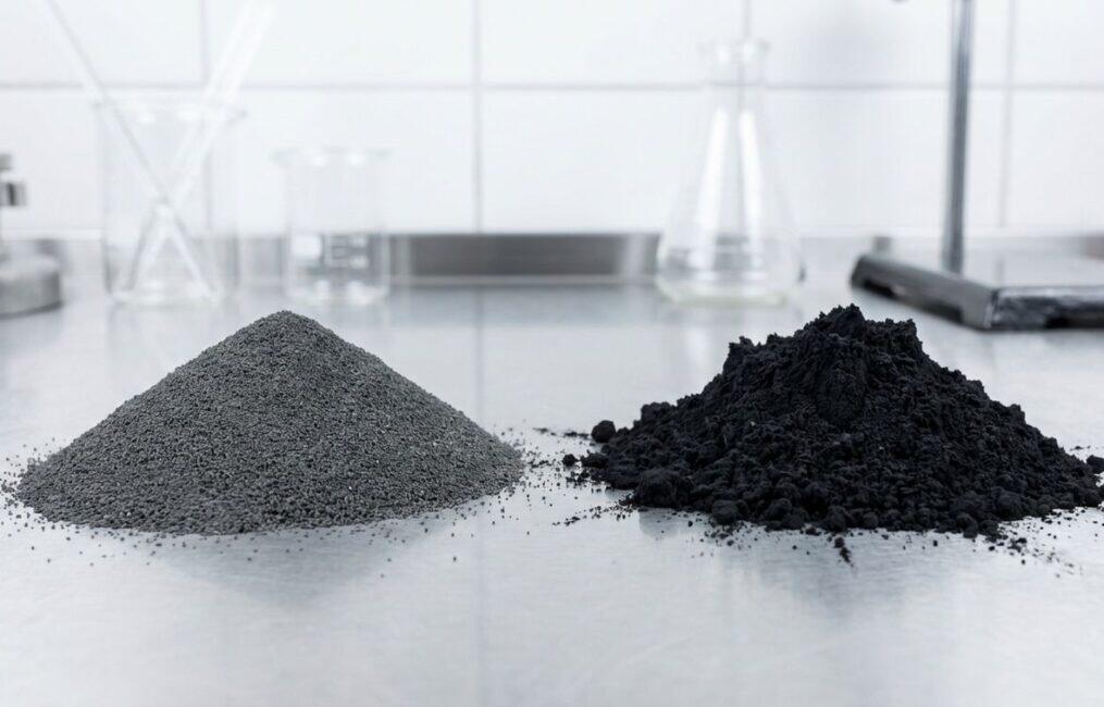 A detailed comparison of synthetic iron oxide black pigment and carbon black pigment, shown as two distinct mounds of powder in a laboratory setting.