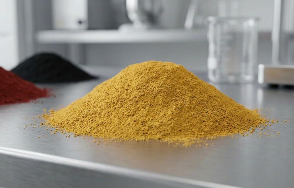 A vibrant mound of yellow iron oxide powder pigment (PY 42) in a clean industrial lab, highlighting its fine texture for use in coatings and concrete.