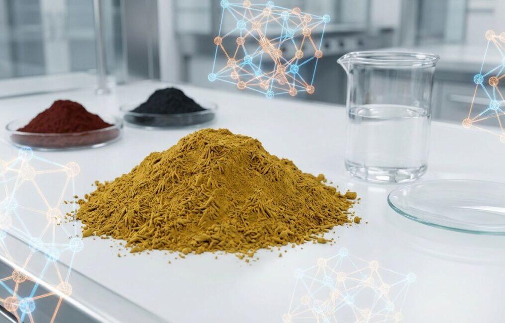 A detailed macro shot showing the manufacturing process of yellow iron oxide, with a vibrant mound of yellow pigment powder in a clean lab setting.